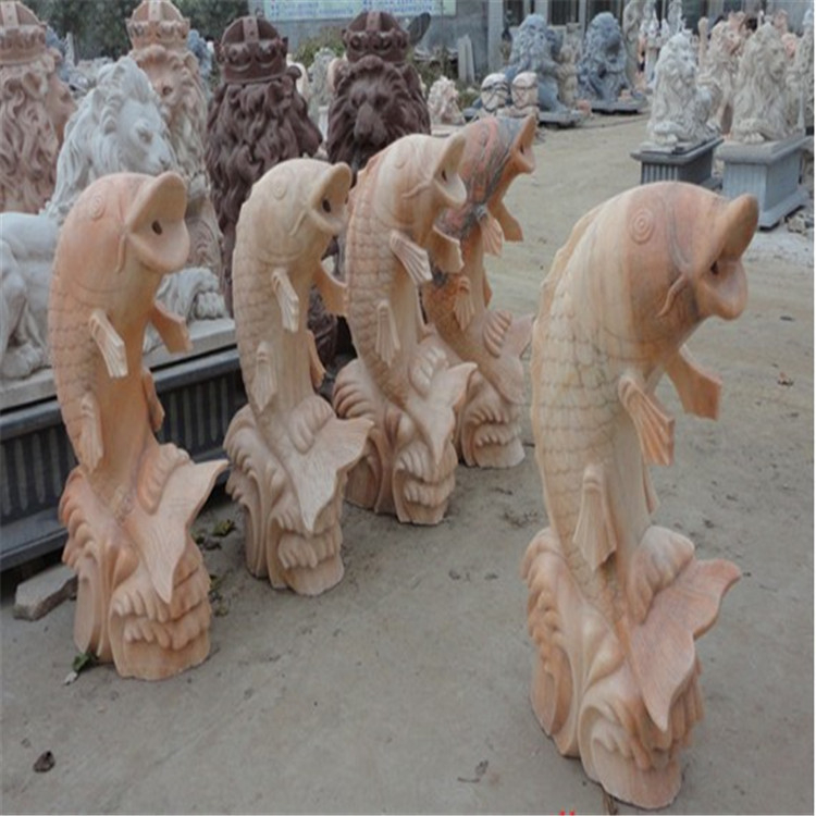 石雕喷水摆件 汉白玉喷水龙头 石雕喷水鱼  晚霞红石雕动物鱼