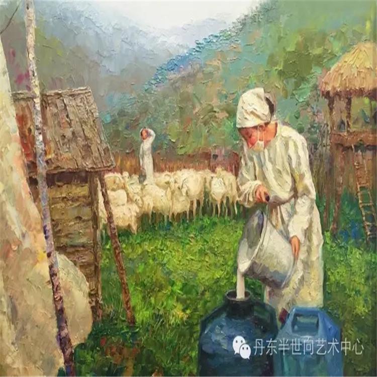 朝鲜画 朝鲜油画价格 银成（ 一级画家）《牧场》70x55  