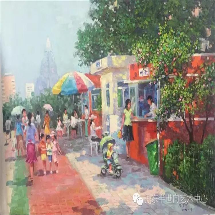 朝鲜画 朝鲜油画价格 金京美（一级画家）《 游乐场》75x50   