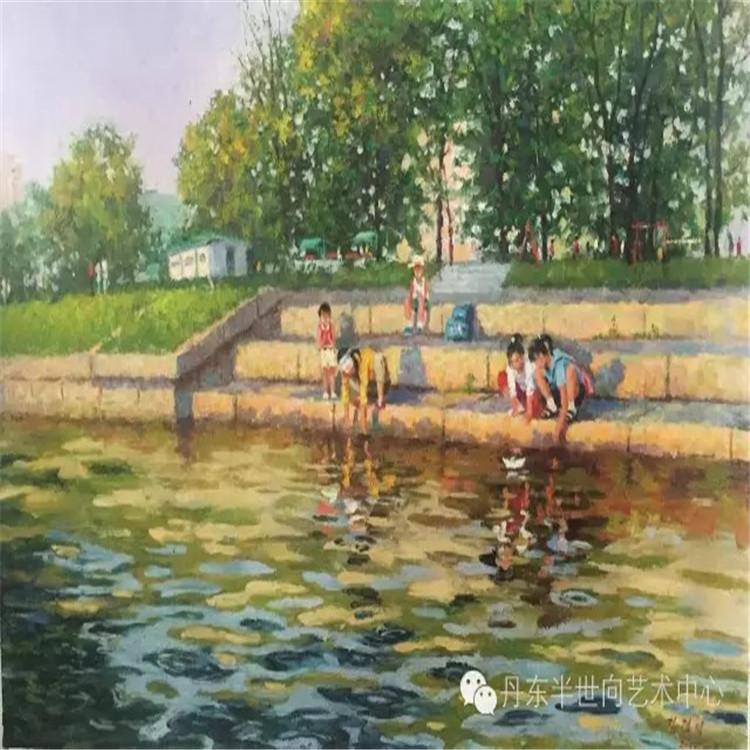 朝鲜画 朝鲜油画价格 金京美（一级画家）《戏水》75x50   