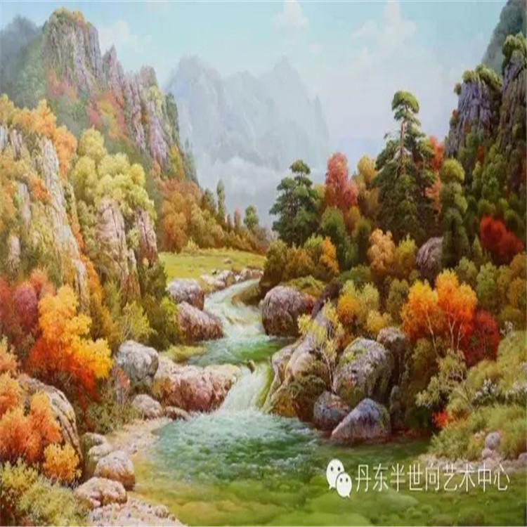 朝鲜画 朝鲜油画价格 廉泰顺 (人民艺术家）《金秋溪谷》160X100   