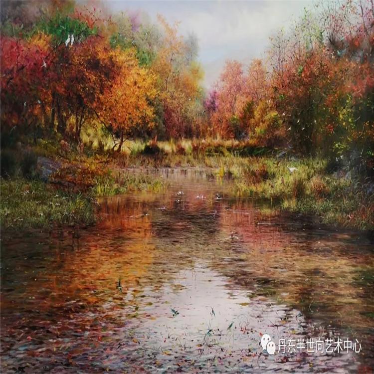 朝鲜画 朝鲜油画价格 金哲男（功勋艺术家）《倒影入清漪》169X101     