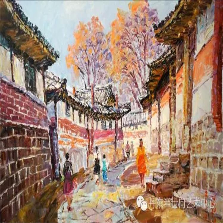朝鲜画 朝鲜油画价格  郑贤日 （人民艺术家）《老街 》100X60  