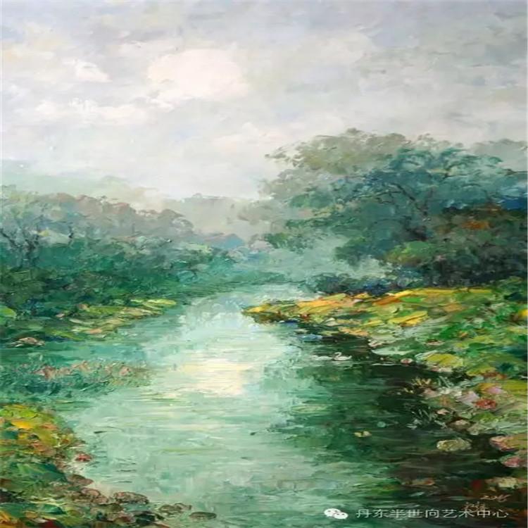 朝鲜画 朝鲜油画价格 李元哲（功勋艺术家）《翠影青溪》48X90 