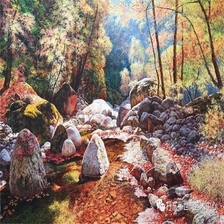 朝鲜画 朝鲜油画价格 尹成浩（一级画家）《 浮翠流丹》 167x95   