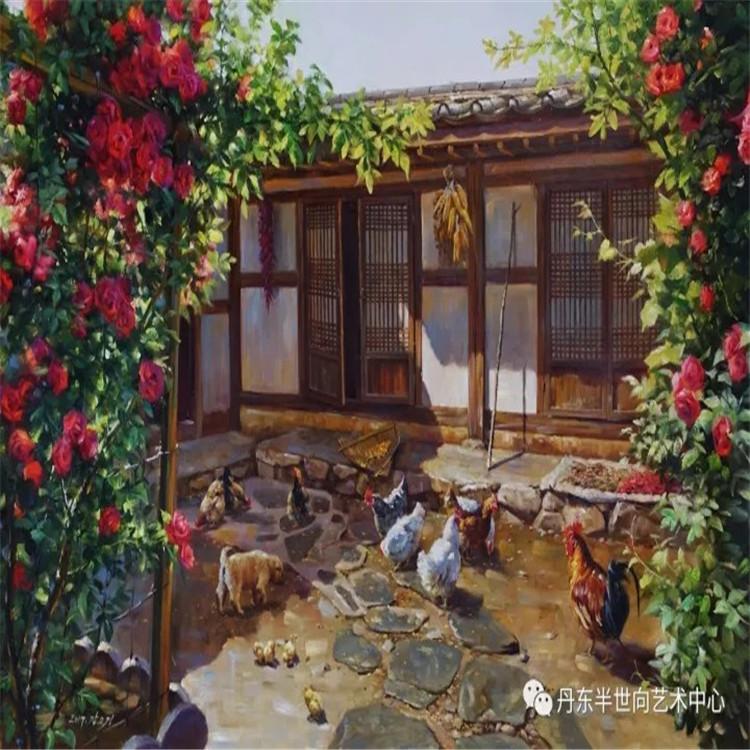 朝鲜画 朝鲜油画价格 姜恩京(一级画家)  《鸡犬闲闲》122X82  