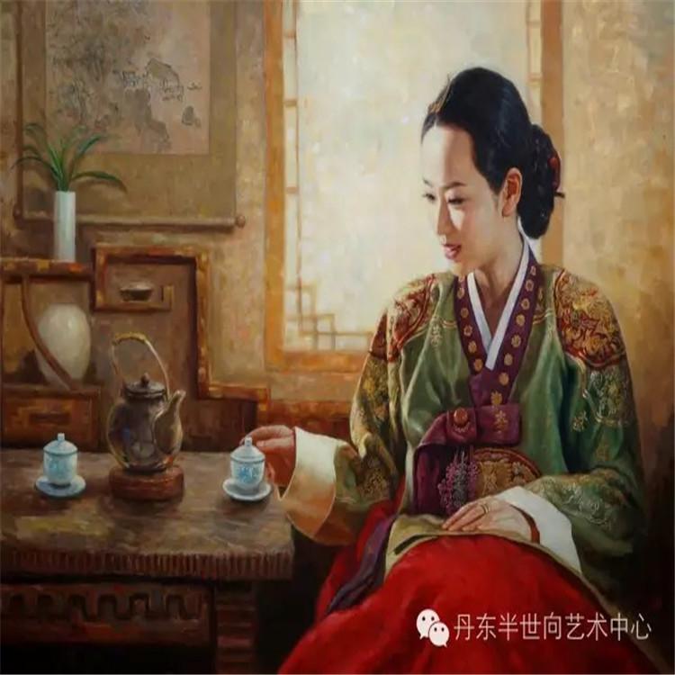 朝鲜画 朝鲜油画价格 李元哲（功勋艺术家）《品茶》 120X90 