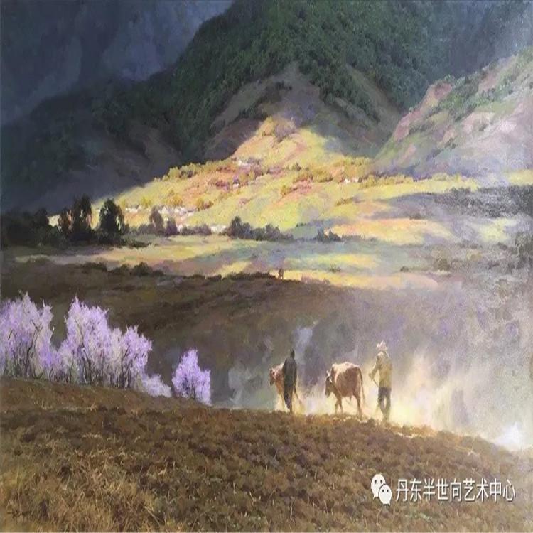 朝鲜画 朝鲜油画价格 许在成（一级画家）《春风送暖 大地回春》115x50