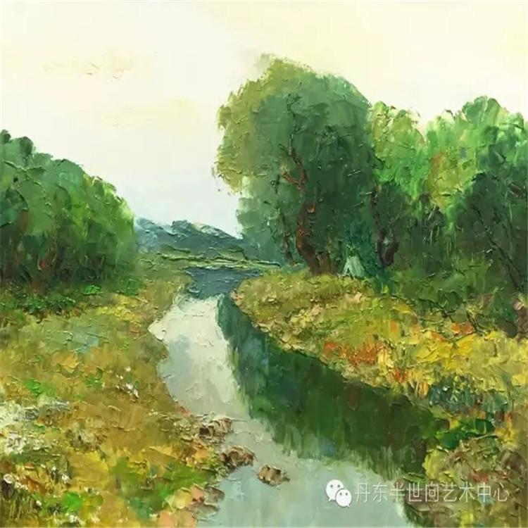 朝鲜画 朝鲜油画价格 银成（一级画家）《青青杨柳岸 》 66x55  