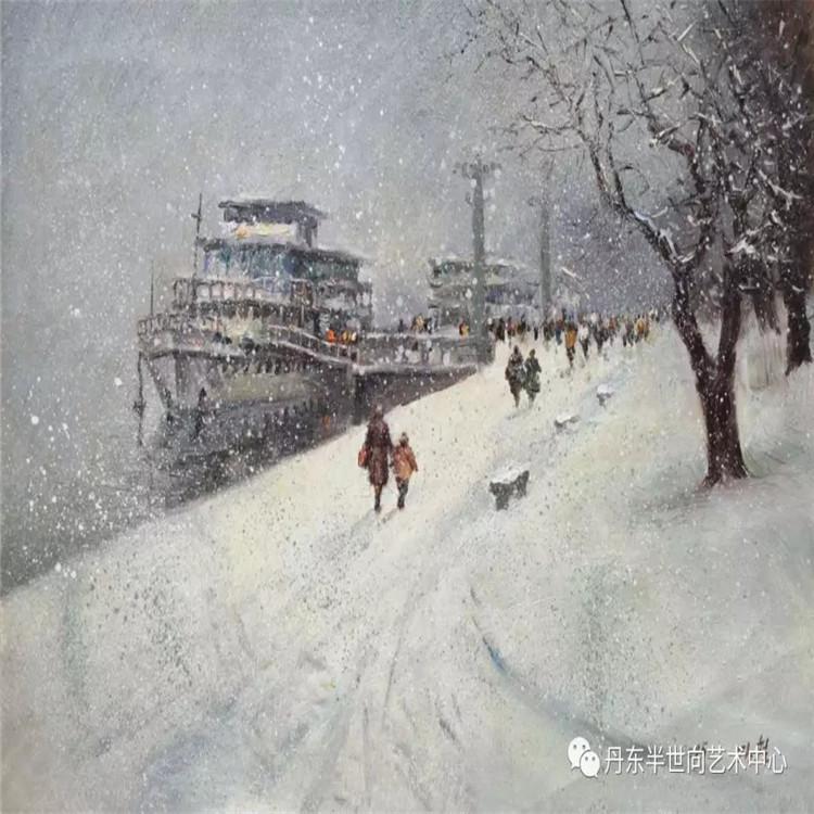 朝鲜画 朝鲜油画价格 金哲（功勋艺术家）《素雪纷纷盼归人》64x43    