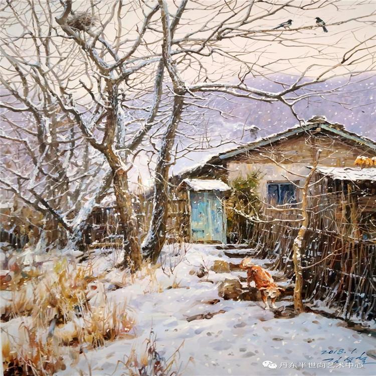 朝鲜画 朝鲜油画价格 金成哲（一级画家）《南枝喜鸣鹊》90X58  