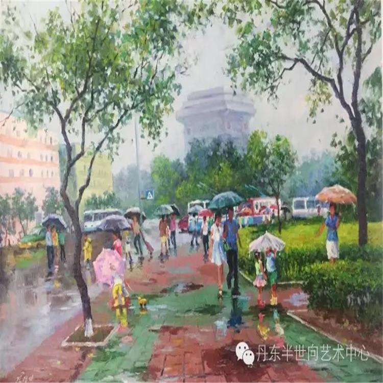 朝鲜画 朝鲜油画价格 金京美（一级画家）《雨季》75x50  