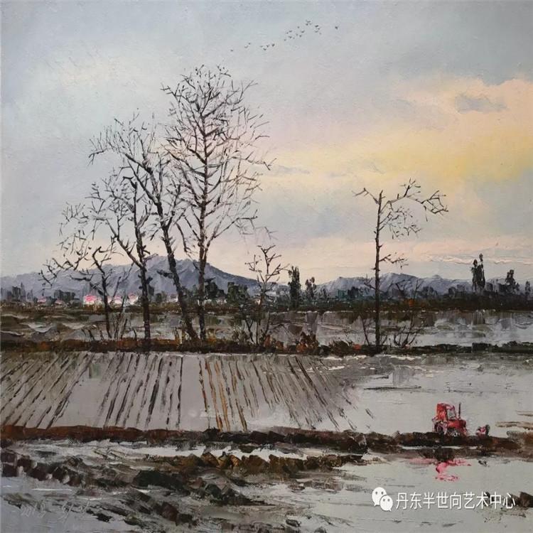 朝鲜画 朝鲜油画价格 崔日（一级画家）《耘田》52X40 