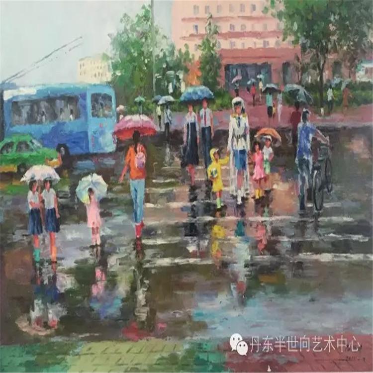 朝鲜画 朝鲜油画价格 金京美（一级画家）《雨中行人》75x50 