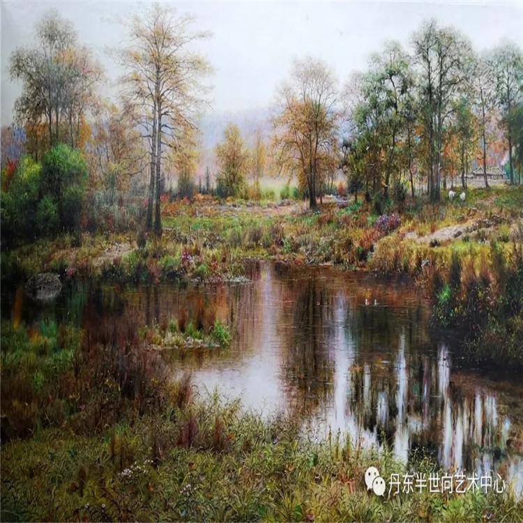 朝鲜画 朝鲜油画价格 金哲男（功勋艺术家） 《霞影浮光》166X100   