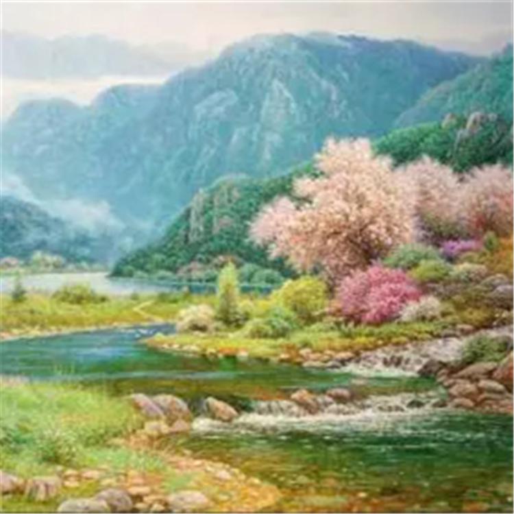 朝鲜画 朝鲜风景油画价格 池元赫（一级画家）《山明水秀》180X82  