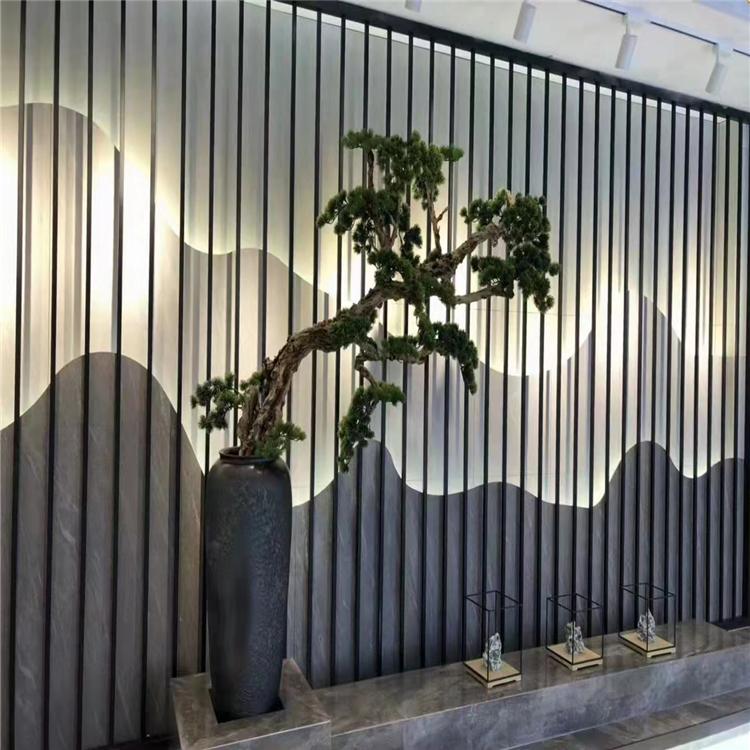 实木格栅岩板背景墙 艺术景墙 金属屏风不锈钢 金鹤家具专供