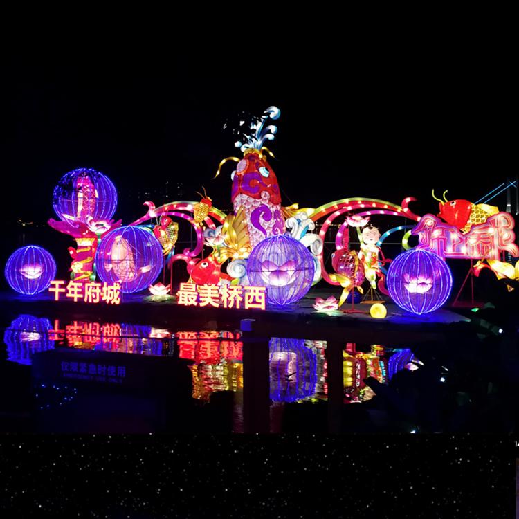 荷花仙鹤手工花灯造型自贡铁艺裱布工艺源头厂家支持定做