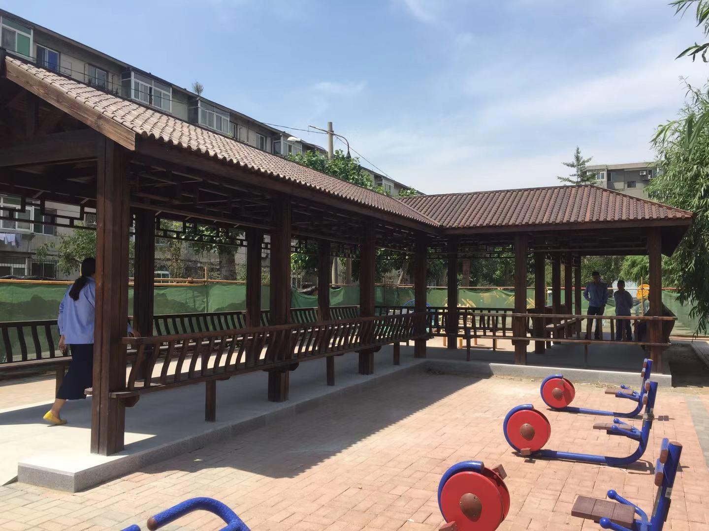 沈阳防腐木长廊   小区 农村广场改造防腐木长廊  仿古长廊   沥青瓦盖长廊  休闲长廊